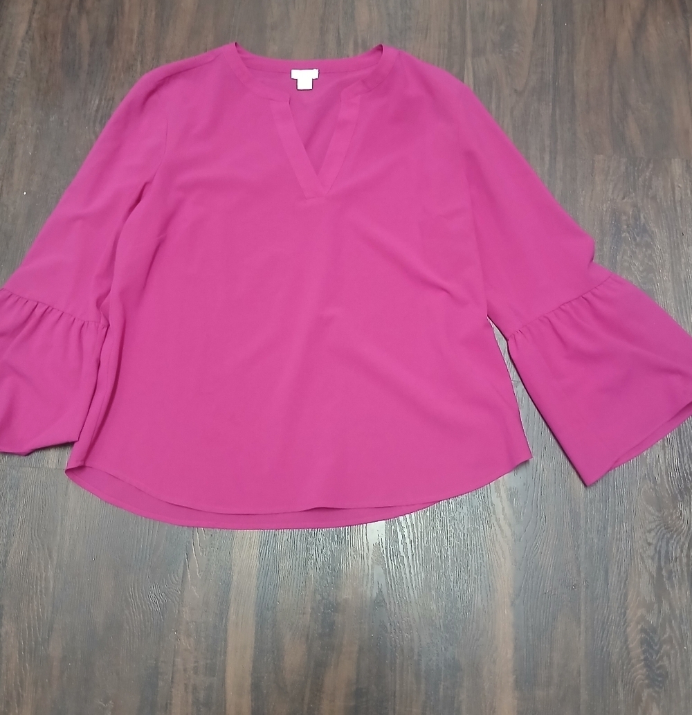 J. Crew Fuchsia V-Neck Bell Sleeve Blouse